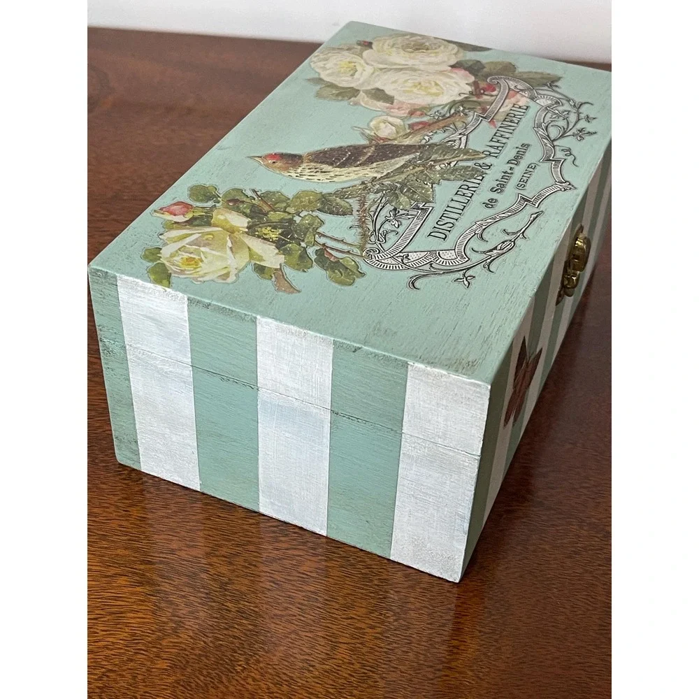 Hand painted decorative wood box storage cottagecore granny chic farmhouse bird